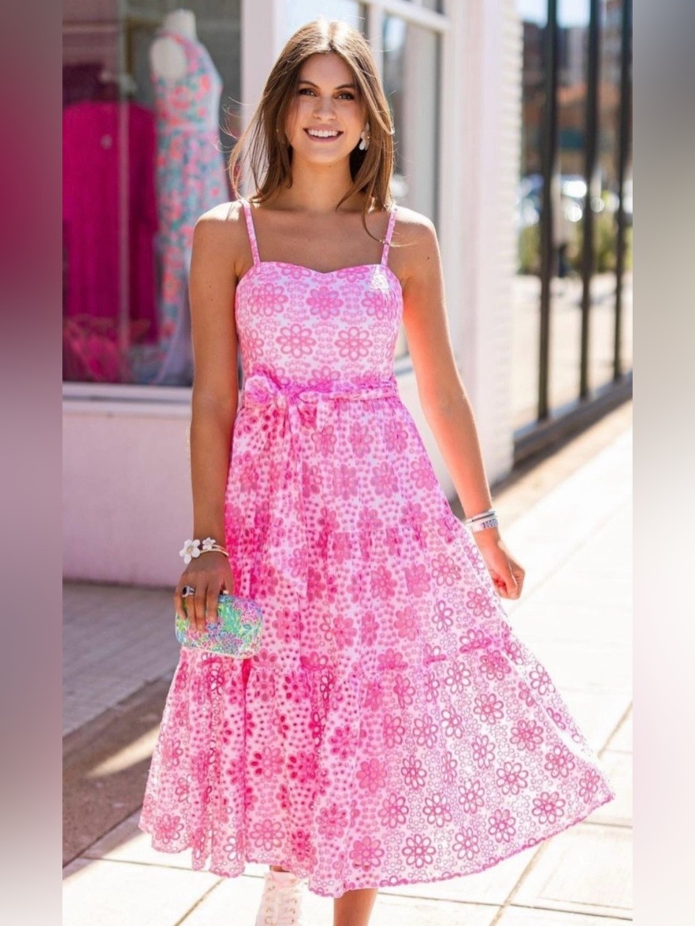 NWT Lilly Pulitzer size 10 Edith Eyelet Midi Dress Pink White Funflower New